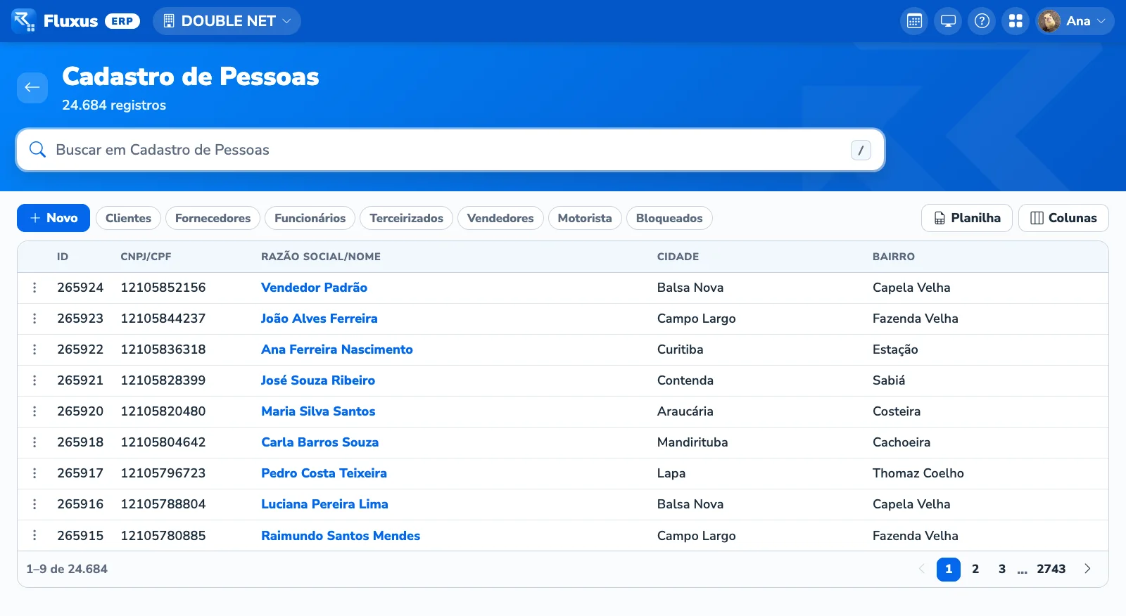 Um cadastro do Fluxus ERP: a lista, a busca e os filtros prontos